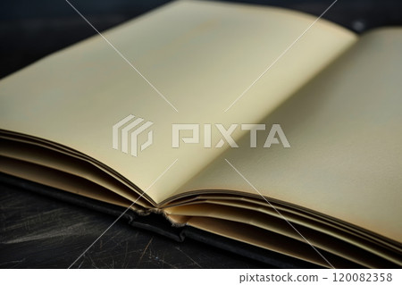 Vintage Open Book with Blank Pages on Dark Wooden Surface. Ai generative 120082358
