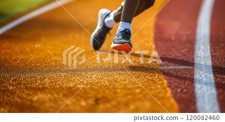 Runner on Athletics Track During Race with Focus on Legs and Shoes. Ai generative 120082460