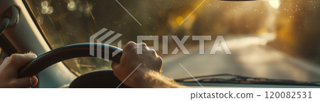 Hands on Steering Wheel During Sunset Drive on a Scenic Road. Ai generative 120082531
