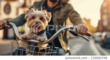 Happy Dog Riding in Bicycle Basket with Owner in Urban Setting at Sunset. Ai generative 120082546