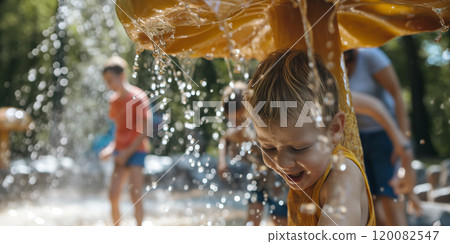 Joyful Child Playing in Water Park Splash Pad on a Sunny Day. Ai generative 120082547