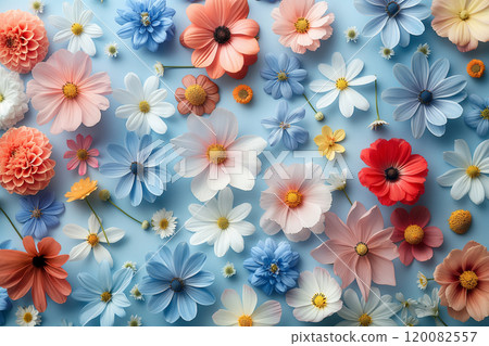 Colorful Assorted Flowers Display on Light Blue Background. Ai generative Colorful Assorted Flowers Display on Light Blue Background. Ai generative 120082557