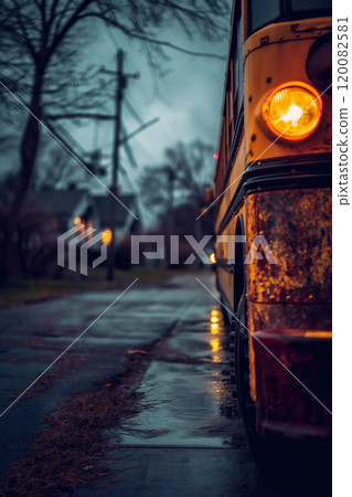 Moody Urban Evening with Rainsoaked Roads and School Bus. Ai generative 120082581