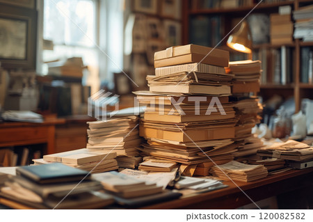 Messy Desk with Stacks of Papers and Books in a Cluttered Home Office. Ai generative 120082582