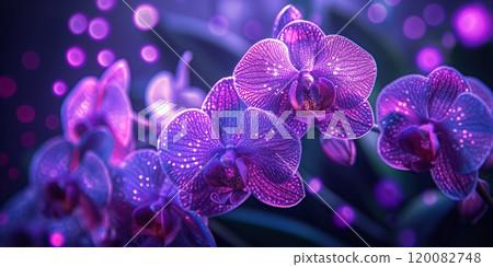 Purple Orchids with Sparkling Bokeh Effect in Mystical Night Setting. Ai generative 120082748