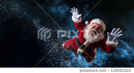 Santa Claus joyfully soaring through the night sky with snowflakes falling around him 120082828