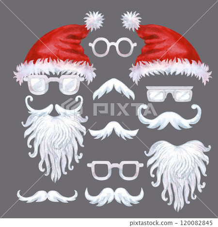 Red hats with fur, white mustache, beard, glasses of Santa Claus isolated on a gray background. Set of watercolor illustration for Christmas template for greeting cards, borders, banners, scrapbook Red hats with fur, white mustache, beard, glasses of Santa Claus isolated on a gray background. Set of watercolor illustration for Christmas template for greeting cards, borders, banners, scrapbook 120082845