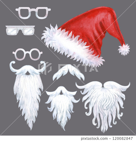 Red hats with fur, white mustache, beard, glasses of Santa Claus isolated on a gray background. Set of watercolor illustration for Christmas template for greeting cards, borders, banners, scrapbook Red hats with fur, white mustache, beard, glasses of Santa Claus isolated on a gray background. Set of watercolor illustration for Christmas template for greeting cards, borders, banners, scrapbook 120082847