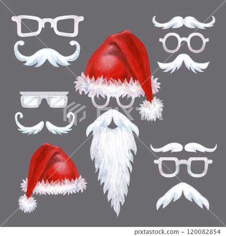 Red hats with fur, white mustache, beard, glasses of Santa Claus isolated on a gray background. Set of watercolor illustration for Christmas template for greeting cards, borders, banners, scrapbook Red hats with fur, white mustache, beard, glasses of Santa Claus isolated on a gray background. Set of watercolor illustration for Christmas template for greeting cards, borders, banners, scrapbook 120082854