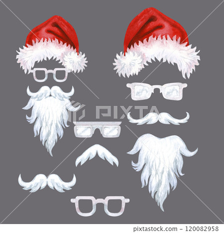 Red hats with fur, white mustache, beard, glasses of Santa Claus isolated on a gray background. Set of watercolor illustration for Christmas template for greeting cards, borders, banners, scrapbook Red hats with fur, white mustache, beard, glasses of Santa Claus isolated on a gray background. Set of watercolor illustration for Christmas template for greeting cards, borders, banners, scrapbook 120082958