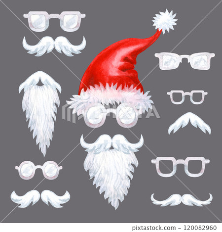 Red hats with fur, white mustache, beard, glasses of Santa Claus isolated on a gray background. Set of watercolor illustration for Christmas template for greeting cards, borders, banners, scrapbook Red hats with fur, white mustache, beard, glasses of Santa Claus isolated on a gray background. Set of watercolor illustration for Christmas template for greeting cards, borders, banners, scrapbook 120082960