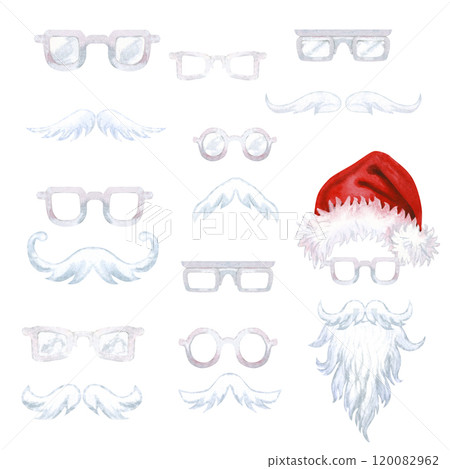 White beard, mustache, glasses of Santa Claus isolated on gray background. Set of watercolor illustrations. Christmas template for greeting cards, scrapbook, wrapping paper for New Year celebration White beard, mustache, glasses of Santa Claus isolated on gray background. Set of watercolor illustrations. Christmas template for greeting cards, scrapbook, wrapping paper for New Year celebration 120082962