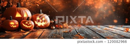 Charming carved pumpkins glowing on wooden surface with autumn leaves and warm background ambiance 120082966