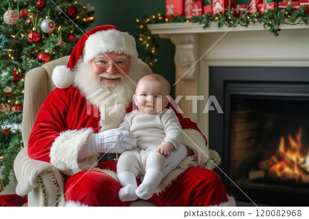 Santa Claus in a cozy setting holds a baby by a warm fireplace during the holiday season Santa Claus in a cozy setting holds a baby by a warm fireplace during the holiday season 120082968