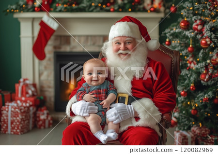 Cheerful baby sitting on Santa's lap in a festive living room during the holiday season Cheerful baby sitting on Santa's lap in a festive living room during the holiday season 120082969
