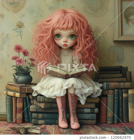 A young girl with pink curls sits among bookshelves while reading a story in a cozy room 120082970