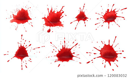 Red paint splashes are arranged on a white background. Concept of creativity and vibrant expression. For digital art projects 120083032