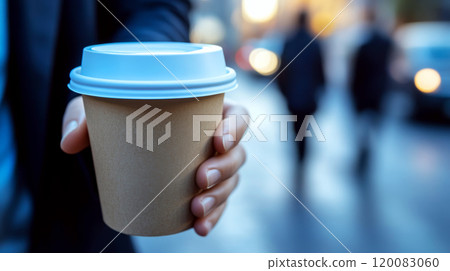 A hand holds a coffee cup with a white lid on a busy street. Concept is urban and on-the-go lifestyle. For coffee-related promotions 120083060