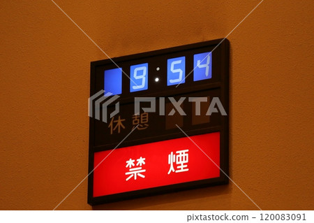 Digital clock on the wall and no smoking sign Digital clock on the wall and no smoking sign 120083091