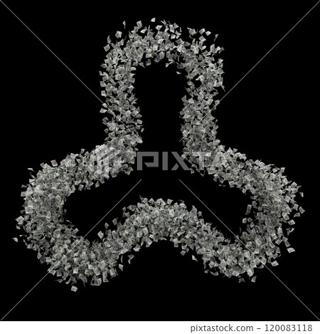 Voluminous three-beam symbol, figure consisting of hundreds of maximally realistic dollar bills floating on a black background. Frame for a picture, banner or any other use. 3d render Voluminous three-beam symbol, figure consisting of hundreds of maximally realistic dollar bills floating on a black background. Frame for a picture, banner or any other use. 3d render 120083118