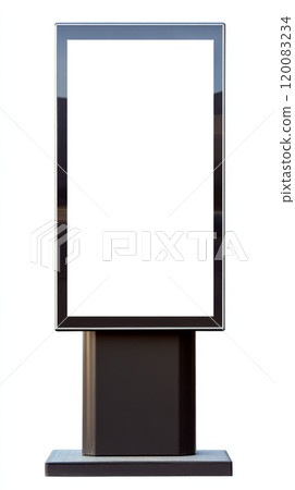 A large, freestanding digital display screen with a black border is visible. Concept of modern advertising technology. For digital advertising mockups. 120083234