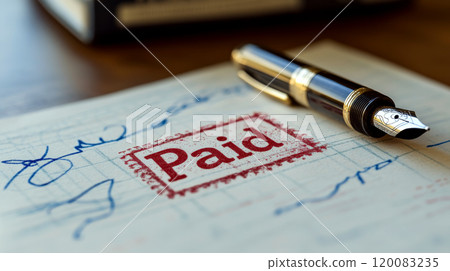 Fountain pen rests on a paper with "Paid" stamped in red. Concept involves payment confirmation and financial documentation. For finance or payment-related content. 120083235