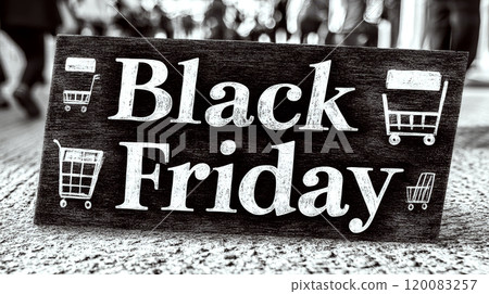 Black sign with "Black Friday" text on pavement, shopping cart icons. Concept of shopping sales event. For online sales promotions Black sign with "Black Friday" text on pavement, shopping cart icons. Concept of shopping sales event. For online sales promotions 120083257