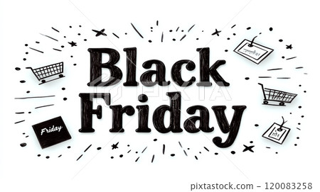 Black text reads "Black Friday" with shopping icons and tags around it. Concept is shopping sale event. For promoting retail sales event. Black text reads "Black Friday" with shopping icons and tags around it. Concept is shopping sale event. For promoting retail sales event. 120083258