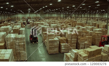 Forklifts navigate between tall stacks of boxes in a large warehouse. Concept of storage and logistics. For supply chain planning 120083278
