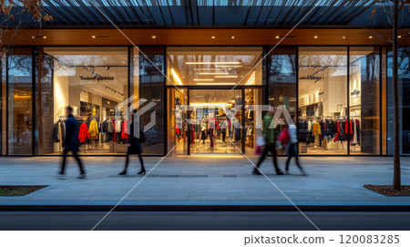 People walk past a clothing store with glass windows showing racks of clothes inside. Concept of window shopping and retail activity. For business marketing campaigns 120083285