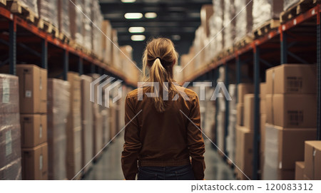 A woman stands in a warehouse aisle, surrounded by stacked boxes. Concept of logistics and storage. For business presentations. 120083312
