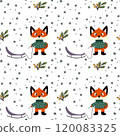 Christmas seamless pattern, Fairytale red fox animals with a sled, , twigs, snowflakes, white background. Baby texture for fabric, nursery decoration, textiles, apparel. 120083325