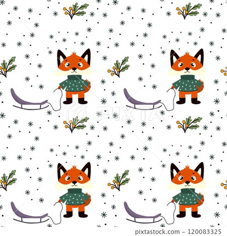 Christmas seamless pattern, Fairytale red fox animals with a sled, , twigs, snowflakes, white background. Baby texture for fabric, nursery decoration, textiles, apparel. Christmas seamless pattern, Fairytale red fox animals with a sled, , twigs, snowflakes, white background. Baby texture for fabric, nursery decoration, textiles, apparel. 120083325