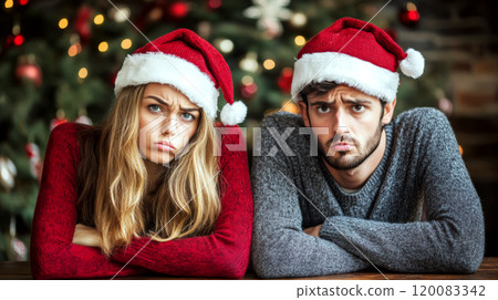 Two people wearing Santa hats sit with arms crossed, looking grumpy beside a decorated tree. Concept of holiday frustration. For seasonal humor content 120083342