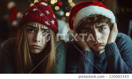 Young people sit indoors, wearing festive hats and looking bored. Concept of holiday disappointment or boredom. For humor or relatable holiday content. 120083343