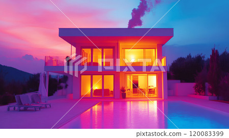 Modern two-story house with glowing lights near a pool during a vibrant sunset. Concept of luxury living and modern architecture. For real estate marketing. 120083399