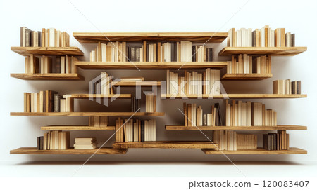 Wooden shelves filled with books are mounted on a blank wall. Concept of organization and interior design. For home decor inspiration Wooden shelves filled with books are mounted on a blank wall. Concept of organization and interior design. For home decor inspiration 120083407