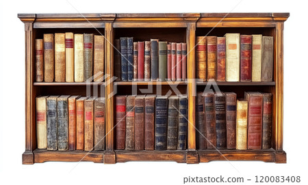 Books are neatly arranged on a wooden bookshelf. Concept of vintage library collection. For literature or educational content. 120083408