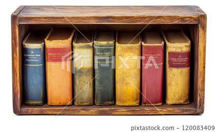 Seven hardcover books stand upright in a wooden shelf. Concept of vintage literature collection. For bookshop decor or reading themes. 120083409