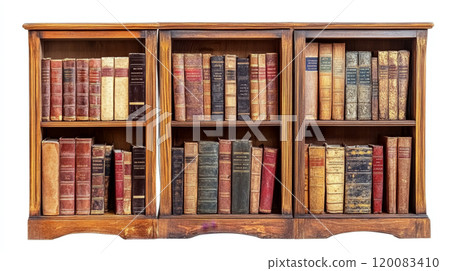 Books lined up on wooden shelves, showing their spines. Concept of knowledge and tradition. For home library inspiration and decoration ideas. 120083410