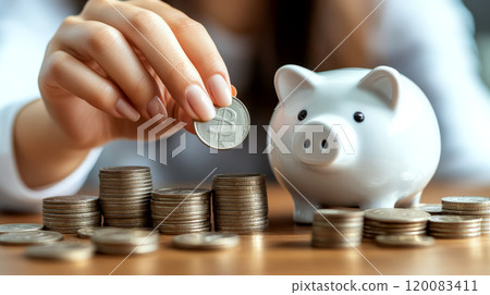 A hand places a coin into a stack beside a white piggy bank on a wooden table. Concept of saving money and financial growth. For financial advice articles 120083411