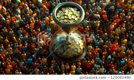 Large hourglass filled with coins stands among a dense crowd of people. Concept reflects time, money, and crowd dynamics. For investment or financial advice. 120083490
