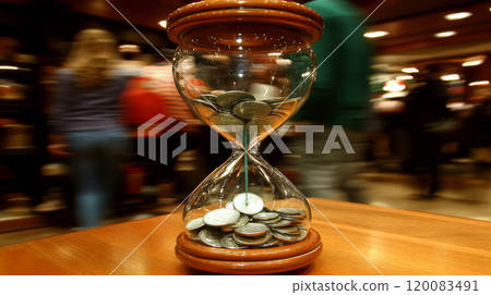 An hourglass with coins inside sits on a wooden table with blurred people in the background. Concept symbolizes time and money. For finance articles 120083491