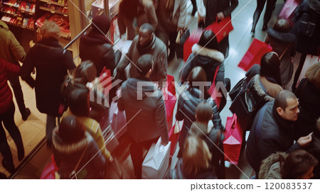 People walk in a busy shopping area carrying red bags. Concept of shopping and crowd. For holiday promotions People walk in a busy shopping area carrying red bags. Concept of shopping and crowd. For holiday promotions 120083537