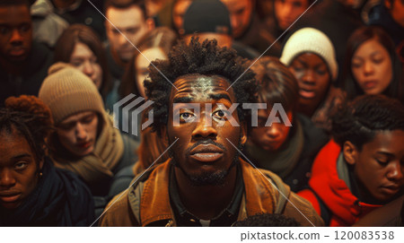 A man with a thoughtful expression stands in the middle of a crowd. Concept of individuality in a bustling environment. For depicting crowded urban settings. 120083538