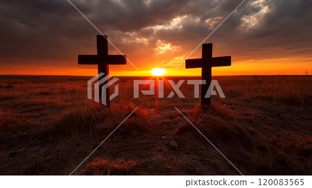 Two wooden crosses stand in a grassy field at sunset. Concept of peace and reflection. For spiritual or memorial themes 120083565