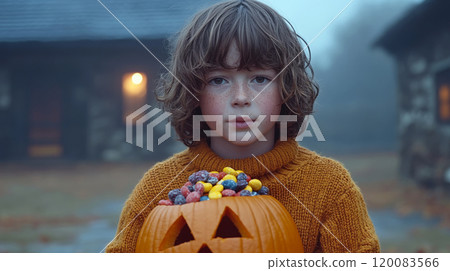 Young child holding a carved pumpkin filled with colorful candies outdoors. Concept Halloween celebration. For festive marketing materials Young child holding a carved pumpkin filled with colorful candies outdoors. Concept Halloween celebration. For festive marketing materials 120083566