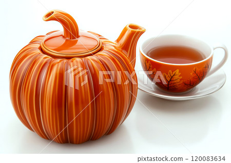 Pumpkin-shaped teapot and matching cup filled with tea on a white surface. Concept of autumn-themed tea set. For seasonal kitchen decor. 120083634