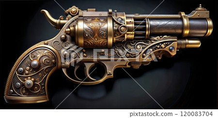 Antique Steampunk Pistol with Rusted Metal, Rivets, and Detailed Mechanism 120083704