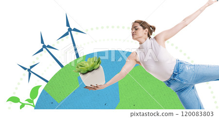 Woman with succulent plant with Earth and wind turbines spin behind her. Renewable energy and environmental care. Conceptual art collage. 120083803
